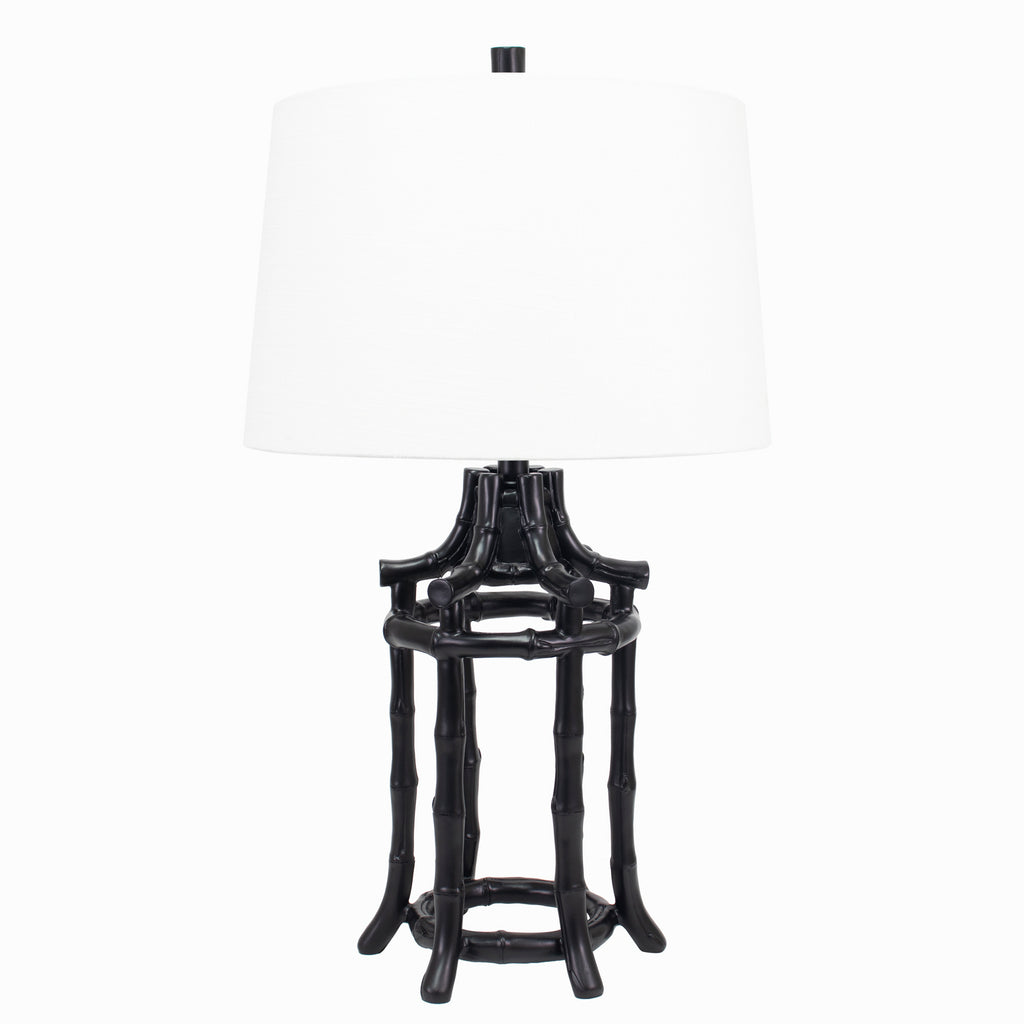 Black Bamboo Table Lampwith White Linen Shade and Gold Lining