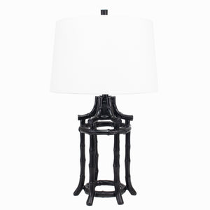 Black Bamboo Table Lamp-with White Linen Shade and Gold Lining - Couture Lamps